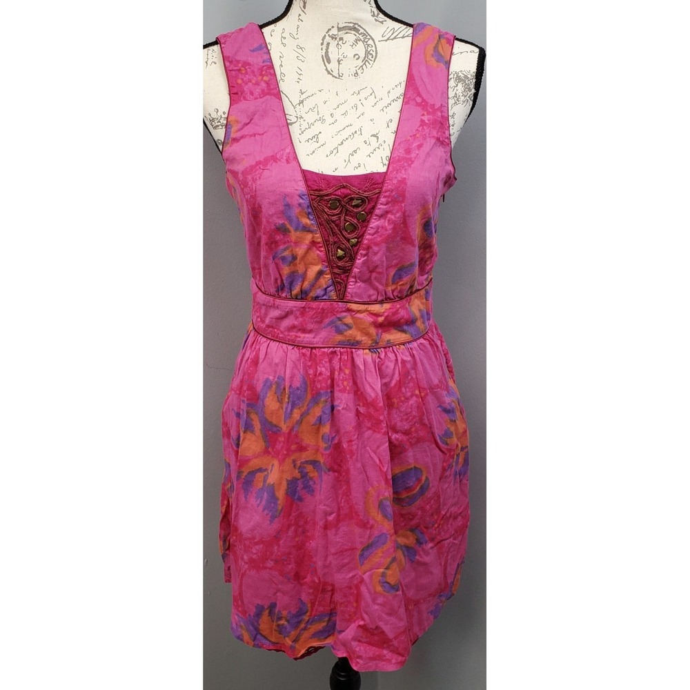 Free People Mini Dress Womens 6 Multi Floral Criss Cross Embellished Sleeveless